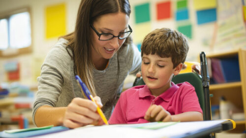 A special education teacher working one-on-one with a student, using adaptive learning tools