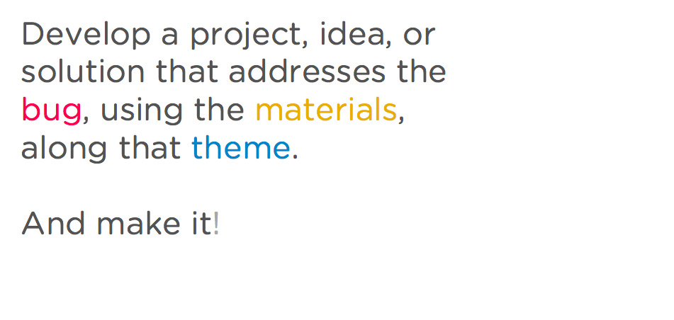 Develop a project, idea, or solution that addresses the bug, using the materials, along that theme. And make it!
