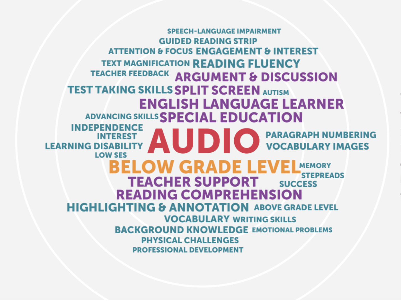 Word cloud of frequently used words from teachers’ coded responses about how the new product features supported diverse student needs; popular phrases included “audio,” “below grade level,” “teacher support,” “reaching comprehension,” “special education,” and “English language learner.”