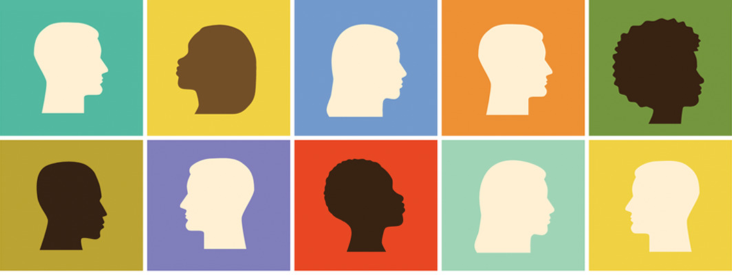 This illustration shows a colorful grid of 10 squares containing a mix of brown and pale tan silhouettes, with more pale tan silhouettes, to depict the lack of diversity in the United States teacher workforce.
