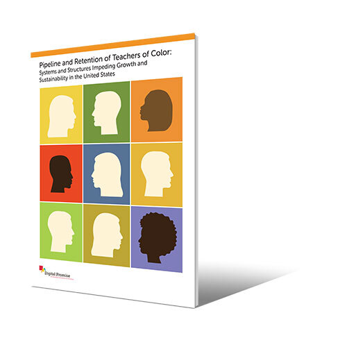 This illustration shows a colorful grid of nine squares containing a mix of brown and pale tan silhouettes, with more pale tan silhouettes, to depict the lack of diversity in the United States teacher workforce.