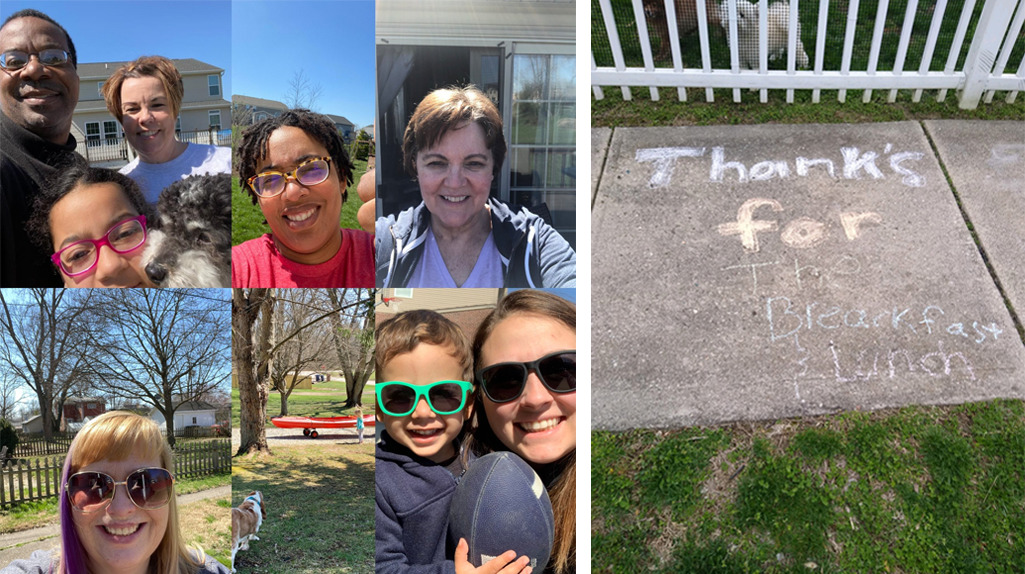 Left: Staff from Creekview Elementary School in Middletown post selfies during the district-wide fire drill. Right: Students leave messages drawn with sidewalk chalk to thank Middletown bus drivers.