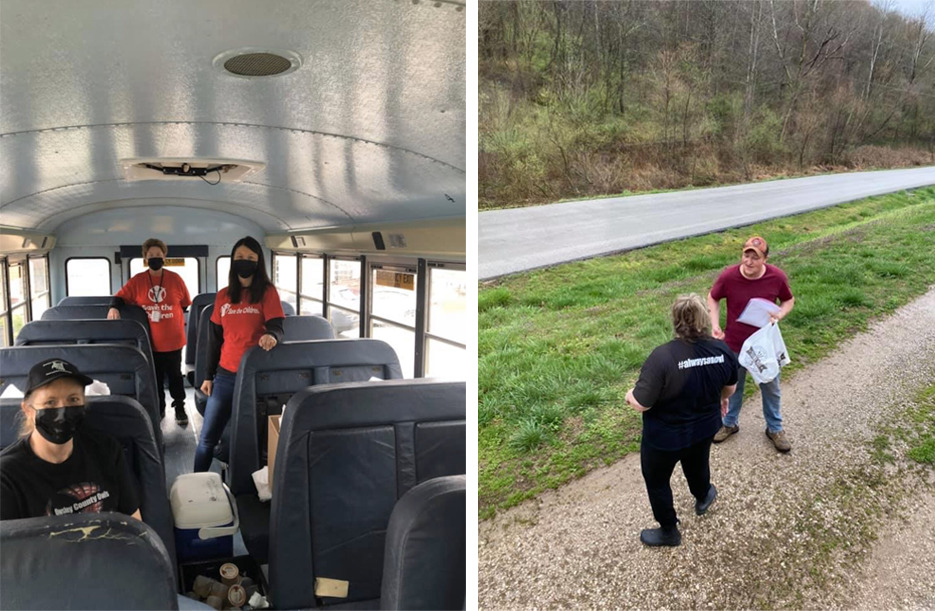 Right panel: Owsley County female employee hands homework packet and meal to male on a road surrounded by grass; Left panel: Three Owsley County female employees pose in a school bus, in preparation to deliver homework packets and meals