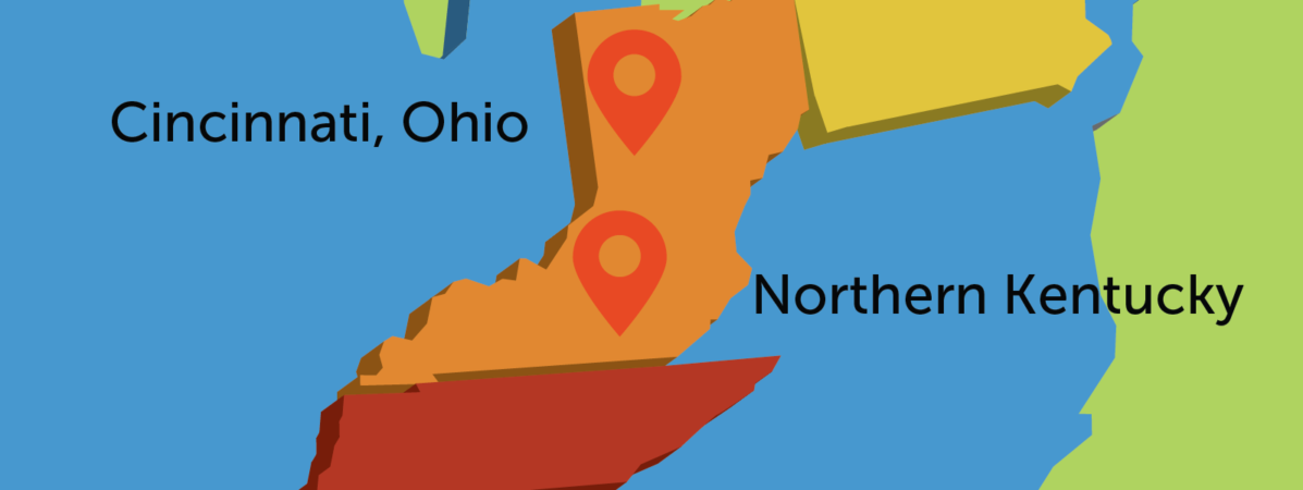 Map pinpointing Cincinnati, Ohio and Northern Kentucky