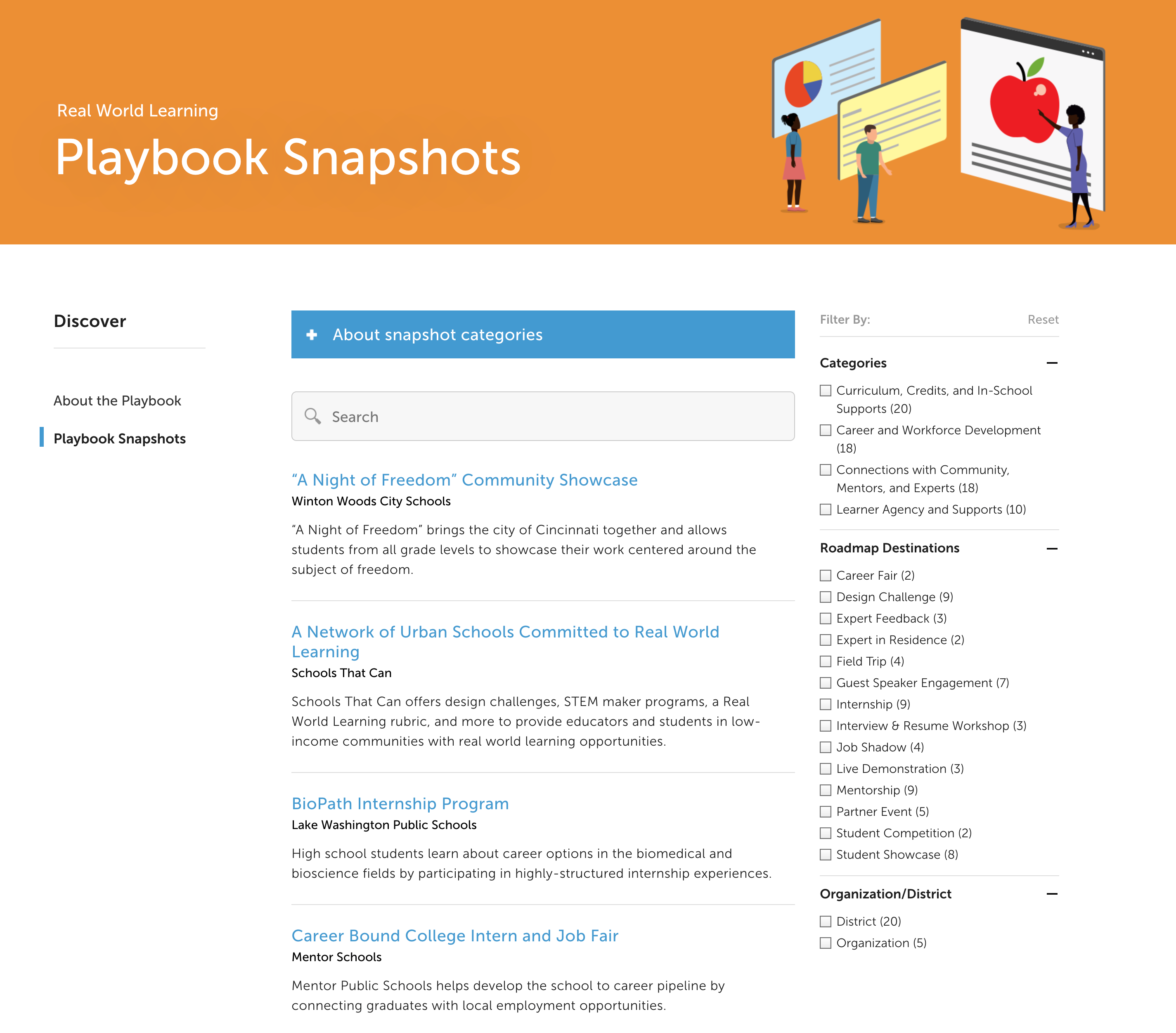 Screen capture of Real World Learning Playbook Snapshots Library