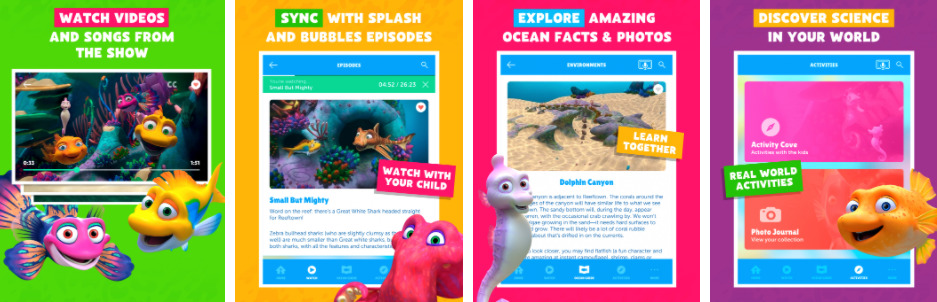 Screenshots from the Splash and Bubbles for Parents app.