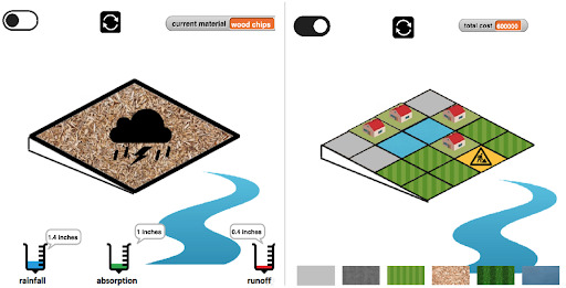 Screenshots of the runoff simulation. The left image shows the computational model being tested with wood chips. The rain gauge icons report the amount of rainfall, absorption, and runoff based on the students’ model code. The right image shows the schoolyard simulation, where students change and test the design by selecting from six available materials.
