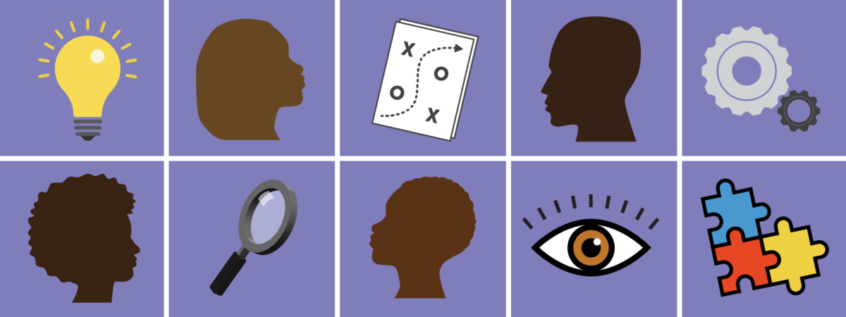 Grid of 10 purple squares, 5 on top and 5 below, filled with illustrations including silhouettes, lightbulb, and magnifying glass