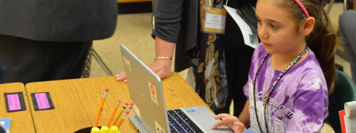 Elementary school student using her laptop