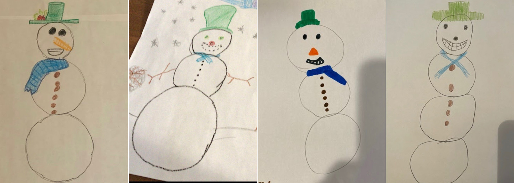 Four examples of snowpeople glyphs created by second grade students.
