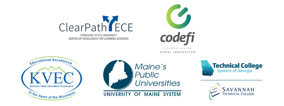Image including Logos of Codefi Foundation on Rural Innovation, Kentucky Valley Educational Cooperative (KVEC), Technical College System of Georgia, Tennessee State University’s (TSU) Center of Excellence for Learning Sciences, and University of Maine System’s All Learning Counts–ME