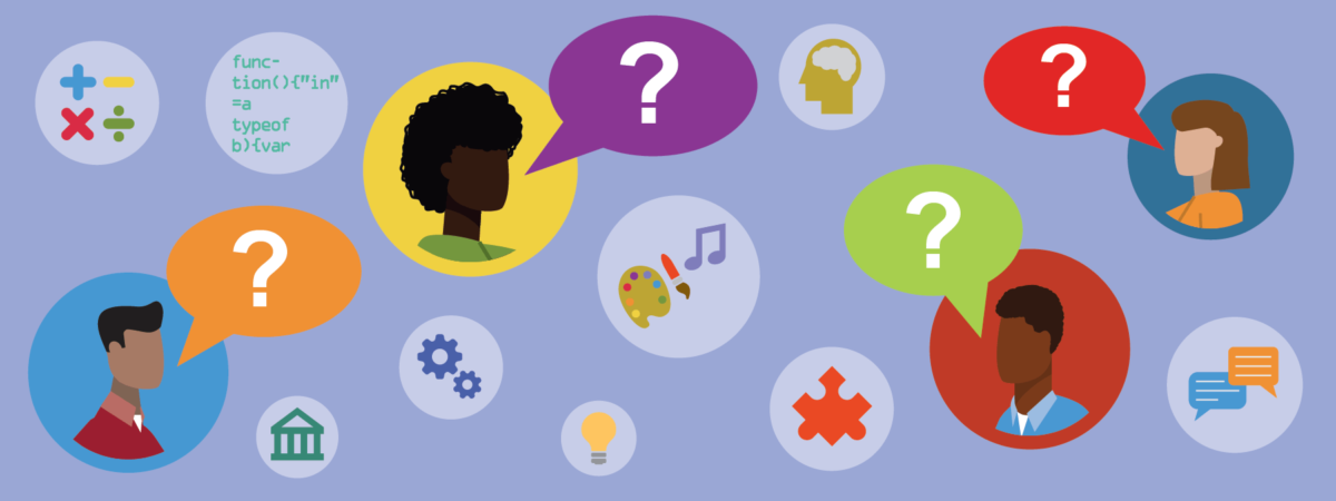 Illustration of four people with question mark speech bubbles, discussing edtech, data, and coding