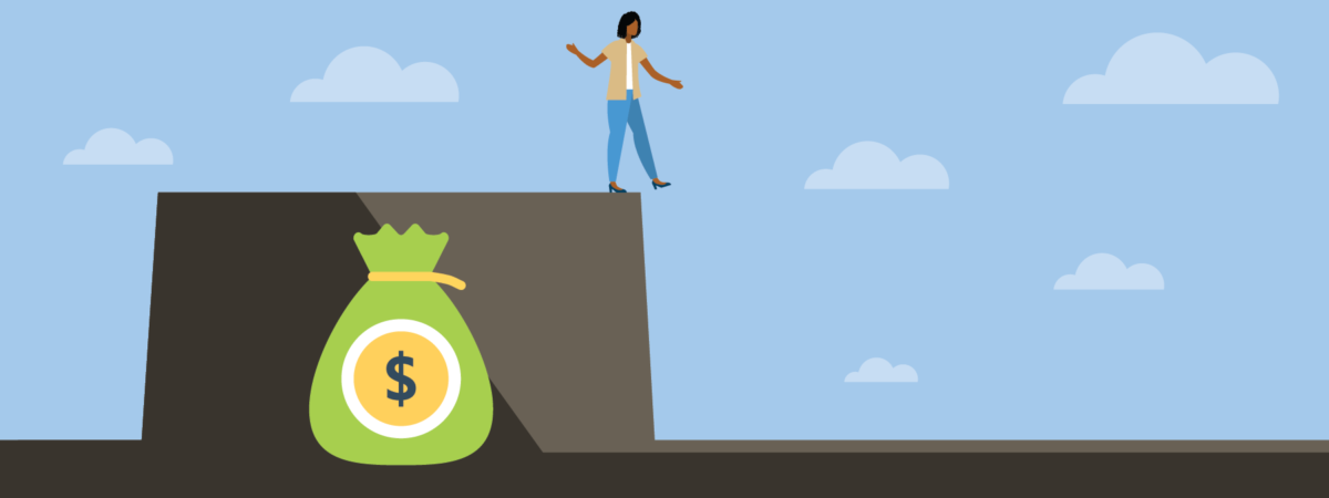 Illustration showing a person standing at the edge of the "funding cliff"