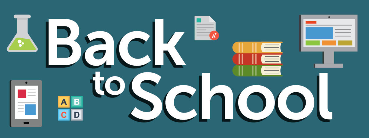 Back to School graphic featuring books, computers and school supplies
