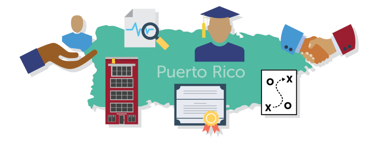 Illustration showing the island of Puerto Rico and symbols of the Digital Promise and Global Education Exchange Opportunities (GEEO) partnership to support and expand educator professional learning