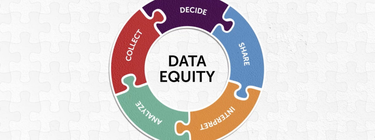 Data Equity graphic comprising the puzzle pieces: Decide, share, interpret, analyze, and collect