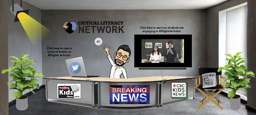 A screenshot of a virtual newsroom broadcasting a report from students.