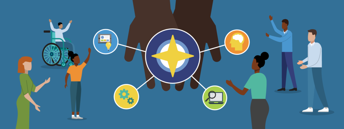 Illustration of hand with north star goal symbol at center with interconnected symbols of tech and learning