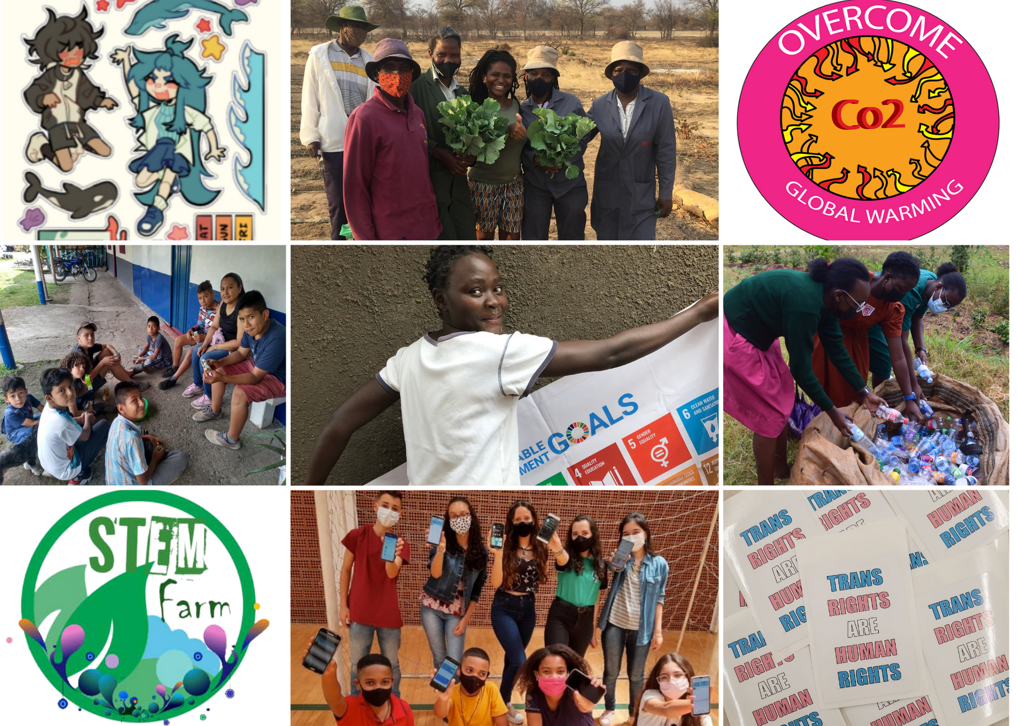 Nine small images in a grid, from top left: stickers, people on farm, Overcome Global Warming graphic, students in circle, student holding SDGs poster, students recycling plastic bottles, STEM Farm logo, students holding smart phones, Trans Rights are Human Rights stickers
