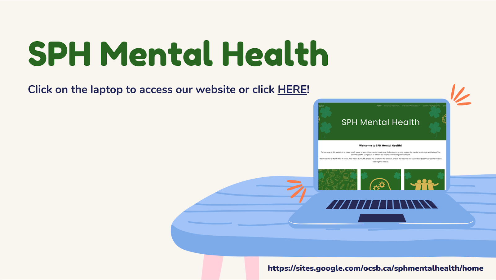 An illustration of a laptop on a desk. The laptop screen shows the students' mental health website. 