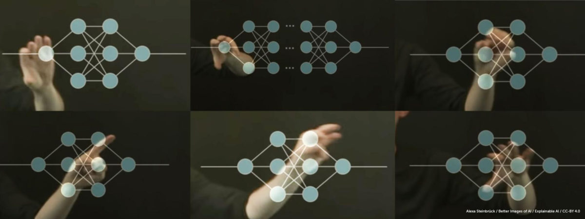 Small images with schematic representations of differently shaped neural networks, a human hand making a different gesture is placed behind each network.