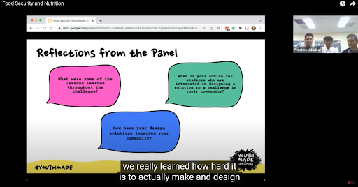 Screenshot of a Zoom presentation prompting panelists to reflect on their experience. The captioned audio says "we really learned how hard it is to make and design." 