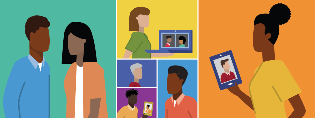 Colorful grid style illustration of diverse people interacting with one another in person and on devices including laptop, phone, and tablets