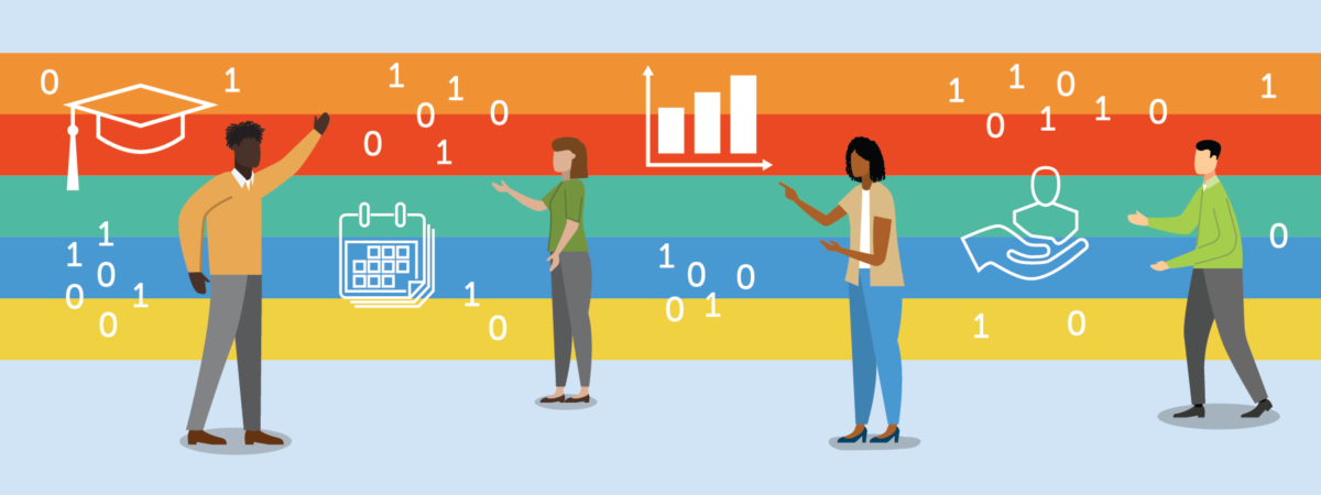 Illustrated image of four figures standing in front of a colorful, rainbow-like back drop that is decorated with white symbols relating to digital equity and interoperability