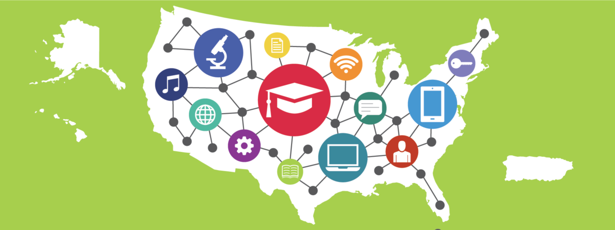 White outline of the United States on a green background with various icons across the map representing technology, education, music, and school work to represent how innovation is occurring across the country