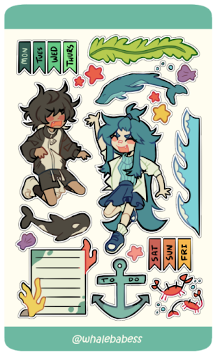 Sticker with graphic designs, including whale, waves, anchor, and two people.