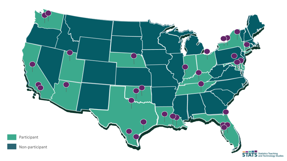 An image of the Unites States map with purple pins indicating locations of institutions who are participating in the STATS project