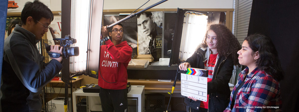Students at Skyline High School record a video segment in the school’s studio.