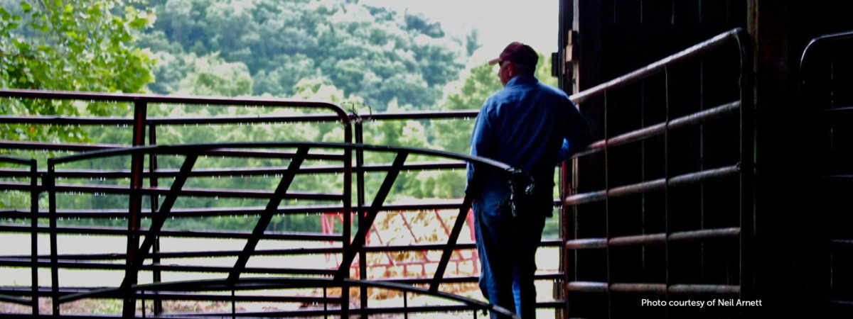 Neil’s father looking out of his barn towards his farm and the Appalachian Mountains