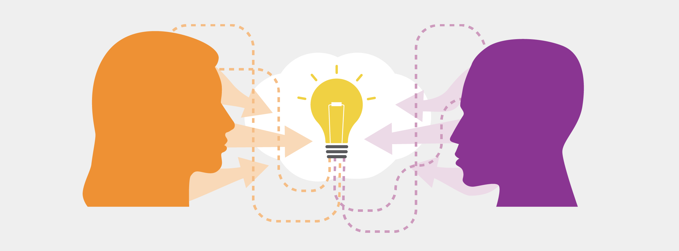 Principal leadership: research to practice header image, showing profiles of two people speaking to each other, forming an idea, as represented by a lightbulb