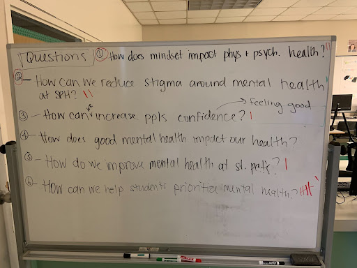 Whiteboard with the following text written on it: Questions: How does mindset impact physical and psych health? How can we reduce stigma around mental health at SPH? How can we increase people's confidence and feeling good? How does mental health impact our health? 