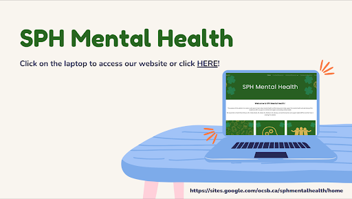 An illustrated image that reads SPH Mental Health above a laptop with the landing page of the SPH Mental Health website displayed 