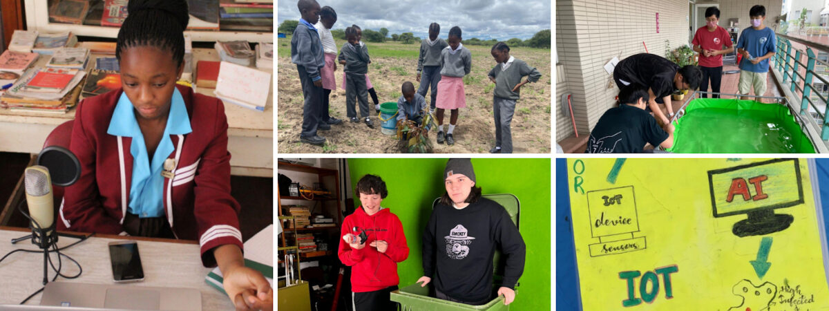 A collage of photos showing a girl speaking into a standing microphone, a group of students on a farm, a. group of students standing around a tarp full of water, two students in front of a green screen, and an image of an AI prototype drawn by a student.