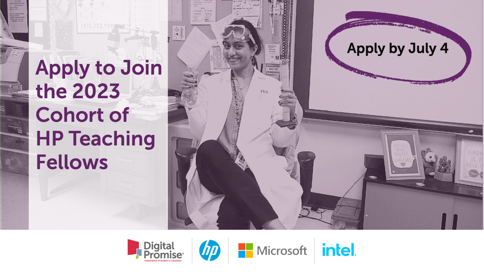 A teacher in a lab coat holding up a graduated cylinder. Text next to her reads Apply to Join the 2023 Cohort of HP Teaching Fellows. Apply by July 4