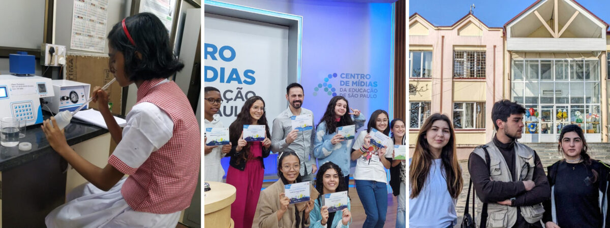 Grid of three images. From left to right: A student in India working at a lab station; A group of students in Brazil and their teacher hold up certificates; Three students in the country of Georgia pose in front of their school.