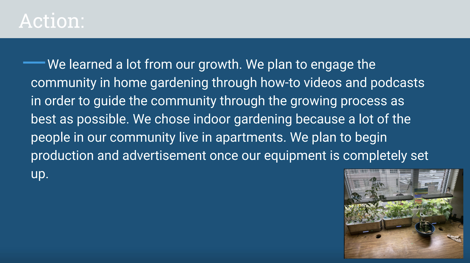 Slide with image of vegetable garden on windowsill and text: “We learned a lot from our growth. We plan to engage the community in home gardening through how-to videos and podcasts in order to guide the community through the growing process as best as possible. We chose indoor gardening because a lot of the people in our community live in apartments. We plan to begin production and advertisement once our equipment is completely set up.” 