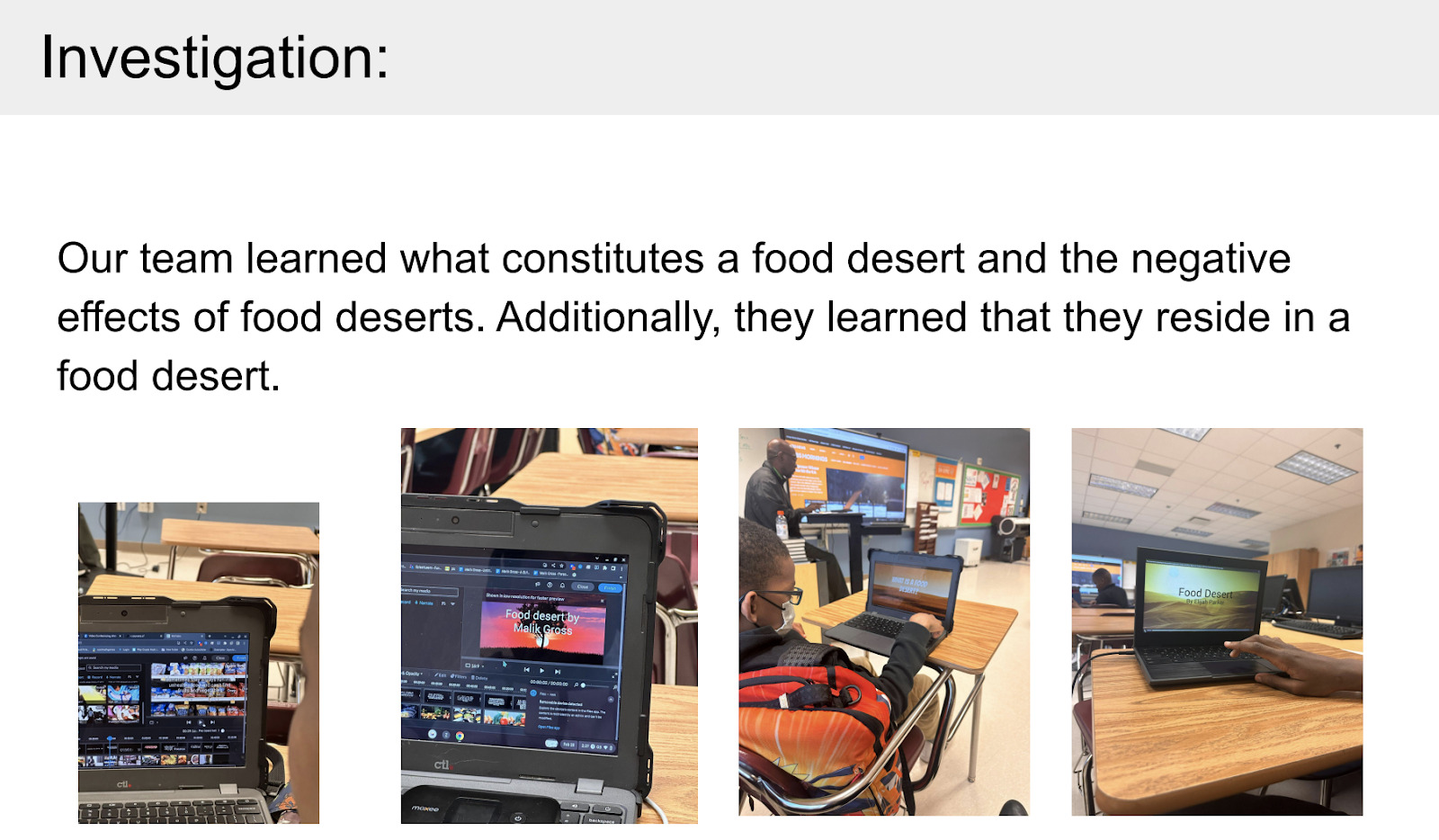 Series of four photos displaying student designed graphics related to food deserts on a laptop screen. 