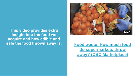 Screenshot of a slide that introduces a video from CBC Marketplace about food waste.