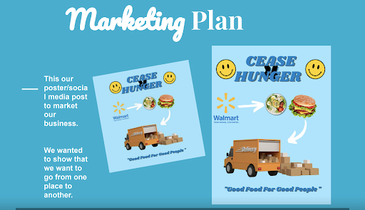 Screenshot of slide that shows the visual marketing for Cease 4 Hunger. The slide has two posters showing how food is transferred from the store to the truck and to the truck out to people. The slogan reads "Good Food for Good People."