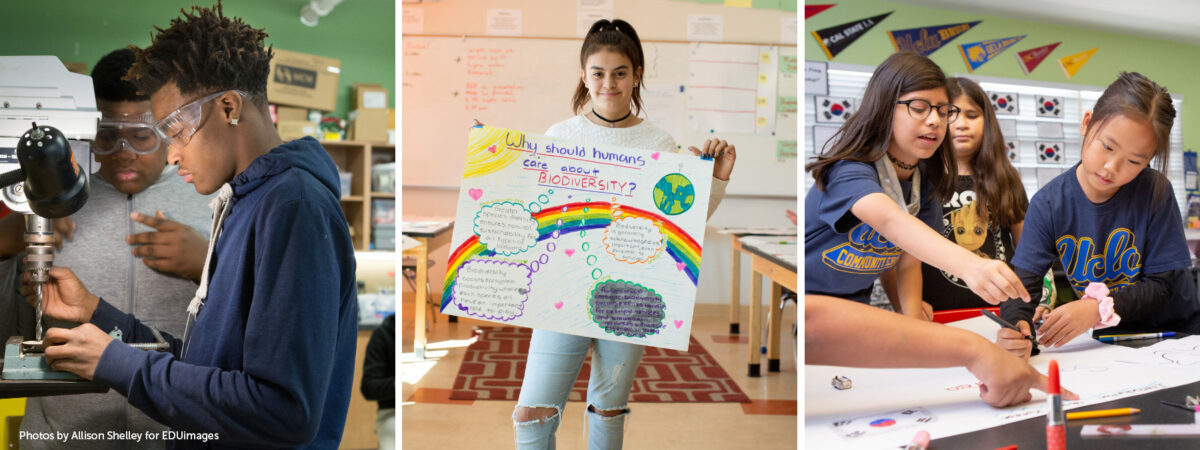 Grid of three images. From left to right: Two boys at a workstation, a girl holding up a poster about biodiversity, and a girl collaborating at a table with peers.