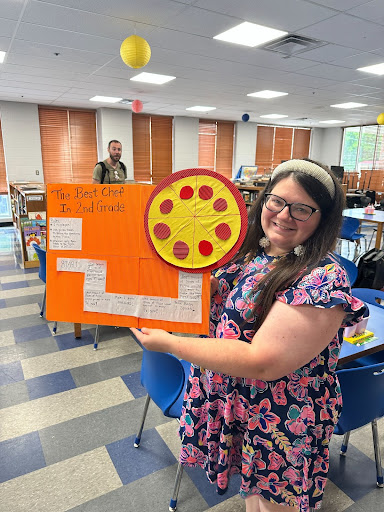 The image on the left shows a cardboard game. It looks like a gumball machine with math problems on each colorful gumball. The image on the right shows a teacher holding her game. It is a fraction game that shows a pizza cut into eight slices.