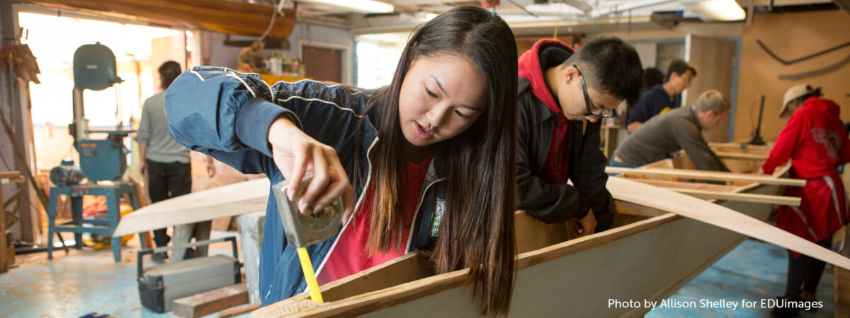 Students in Skyline High School’s Green Energy Pathway build a solar-powered boat for an upcoming race.