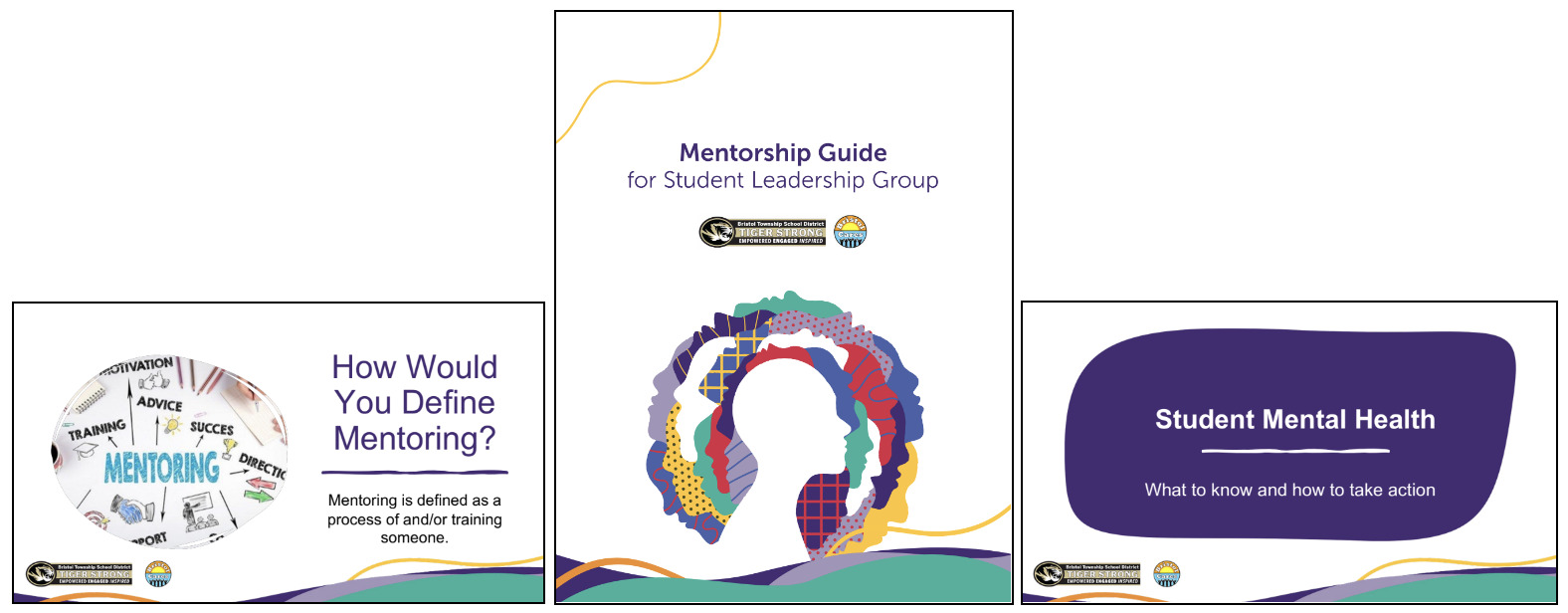 Three slides from different mentorship resources: How Would You Define Mentoring, Mentorship Guide, Student Mental Health