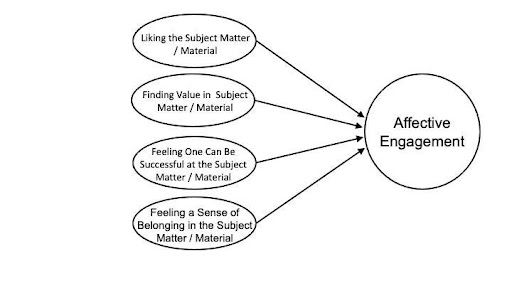 A graphic showing the four clusters that contribute to a student’s sense of affective engagement. These clusters are: liking the subject matter, finding value in the subject matter, feeling one can be successful at the subject matter, and feeling a sense of belonging in the subject matter.