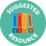 Blue circle with books and text saying "suggested resource"