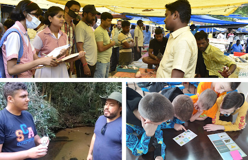A collage of three images. From top: Students interview community members at a market; two people hold a conversation in a park; students work together at a desk. 